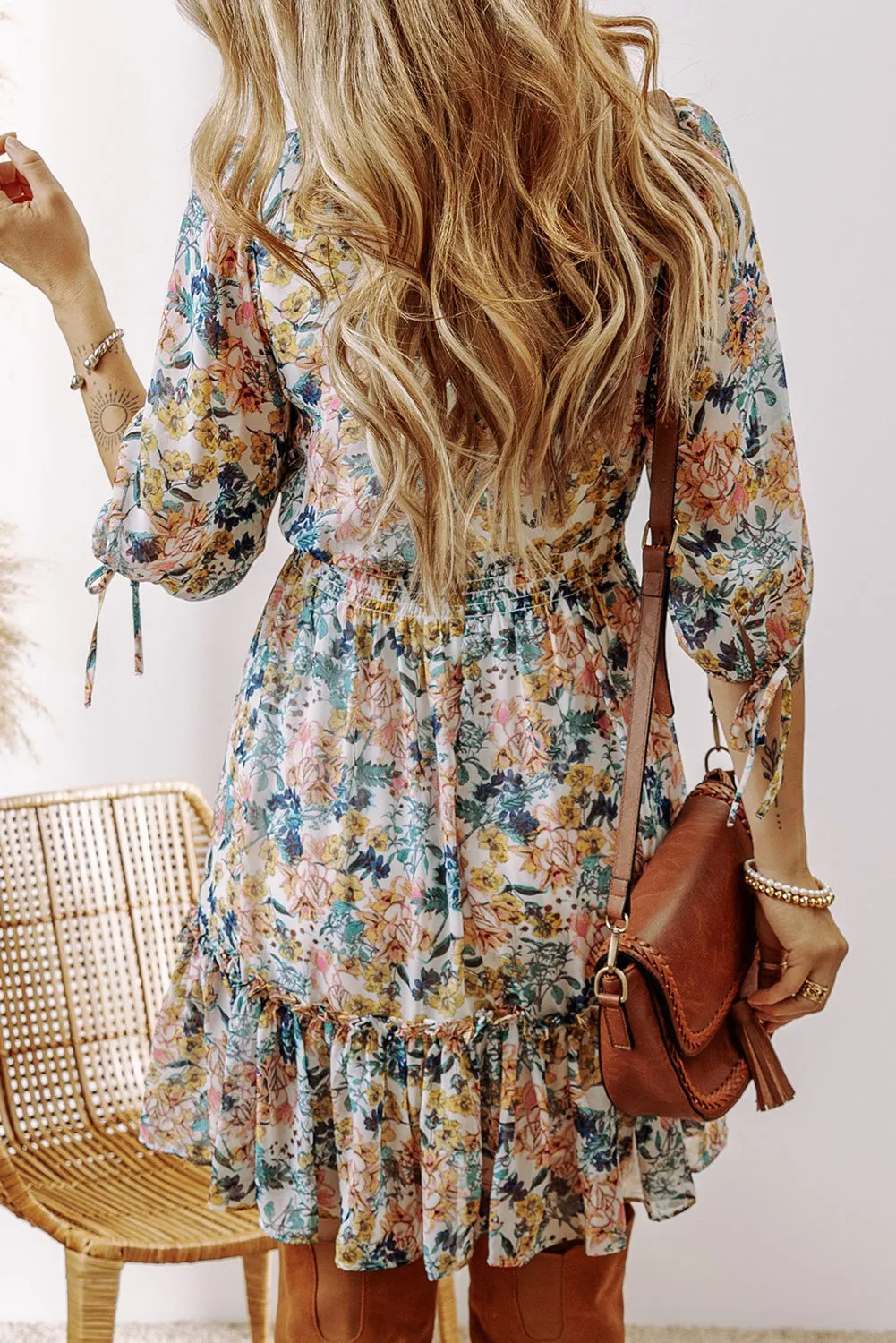 Floral 3/4 Sleeve V-Neck Ruffled Dress