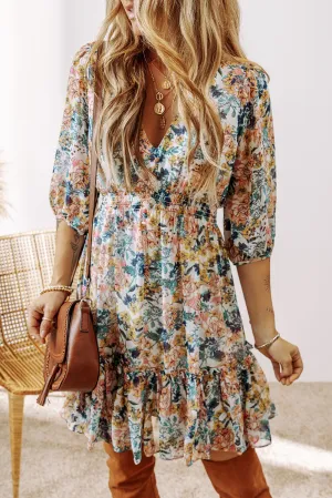 Floral 3/4 Sleeve V-Neck Ruffled Dress