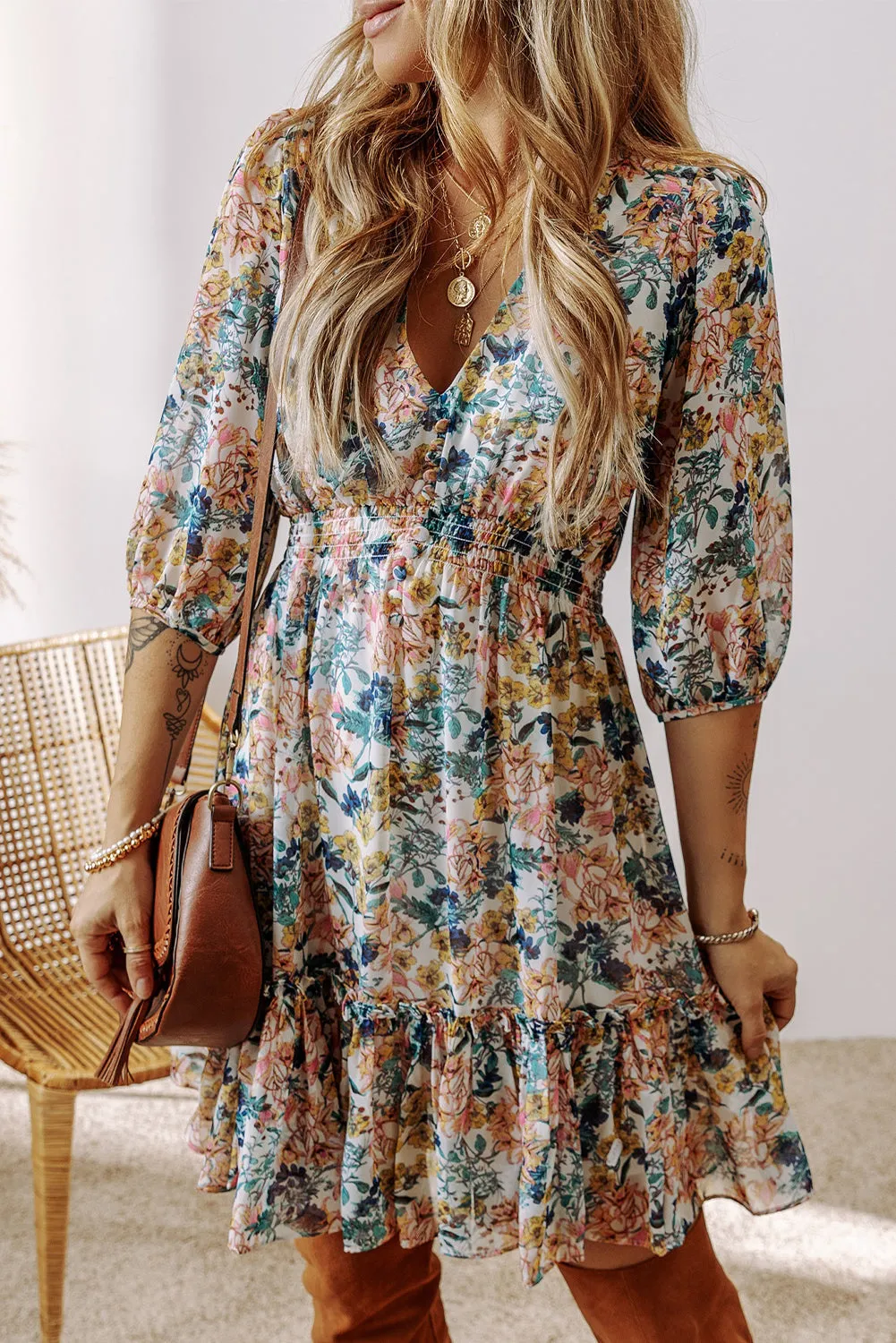 Floral 3/4 Sleeve V-Neck Ruffled Dress