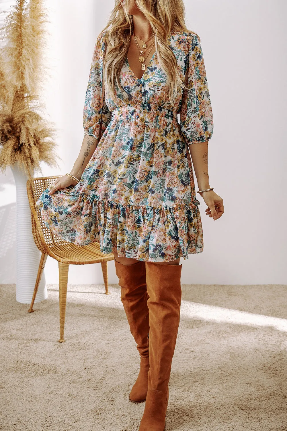Floral 3/4 Sleeve V-Neck Ruffled Dress
