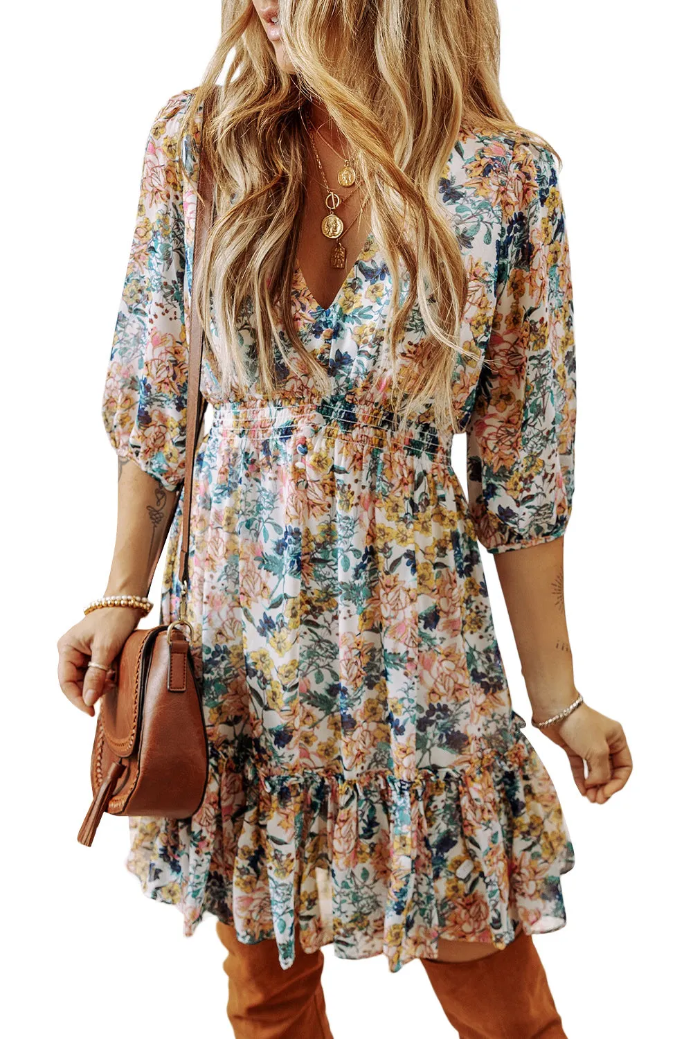 Floral 3/4 Sleeve V-Neck Ruffled Dress