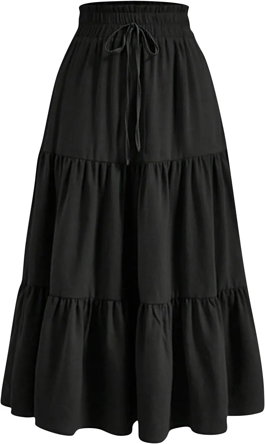 Floral Maxi Skirt for Women Summer Comfy Tiered Elastic High Waisted Skirts Vacation A-Line Flowy Swing Long Skirts