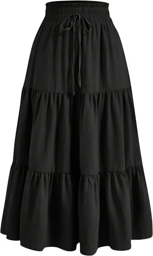 Floral Maxi Skirt for Women Summer Comfy Tiered Elastic High Waisted Skirts Vacation A-Line Flowy Swing Long Skirts