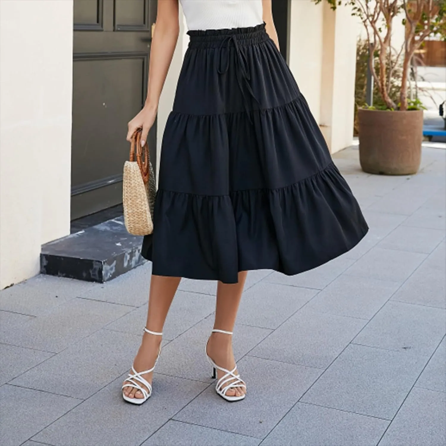 Floral Maxi Skirt for Women Summer Comfy Tiered Elastic High Waisted Skirts Vacation A-Line Flowy Swing Long Skirts