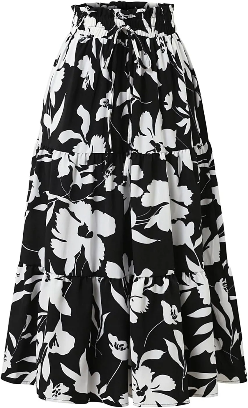 Floral Maxi Skirts for Women High Waisted Ankle Length Flared Skirt Drawstring Casual Boho Flowy A-Line Skirts