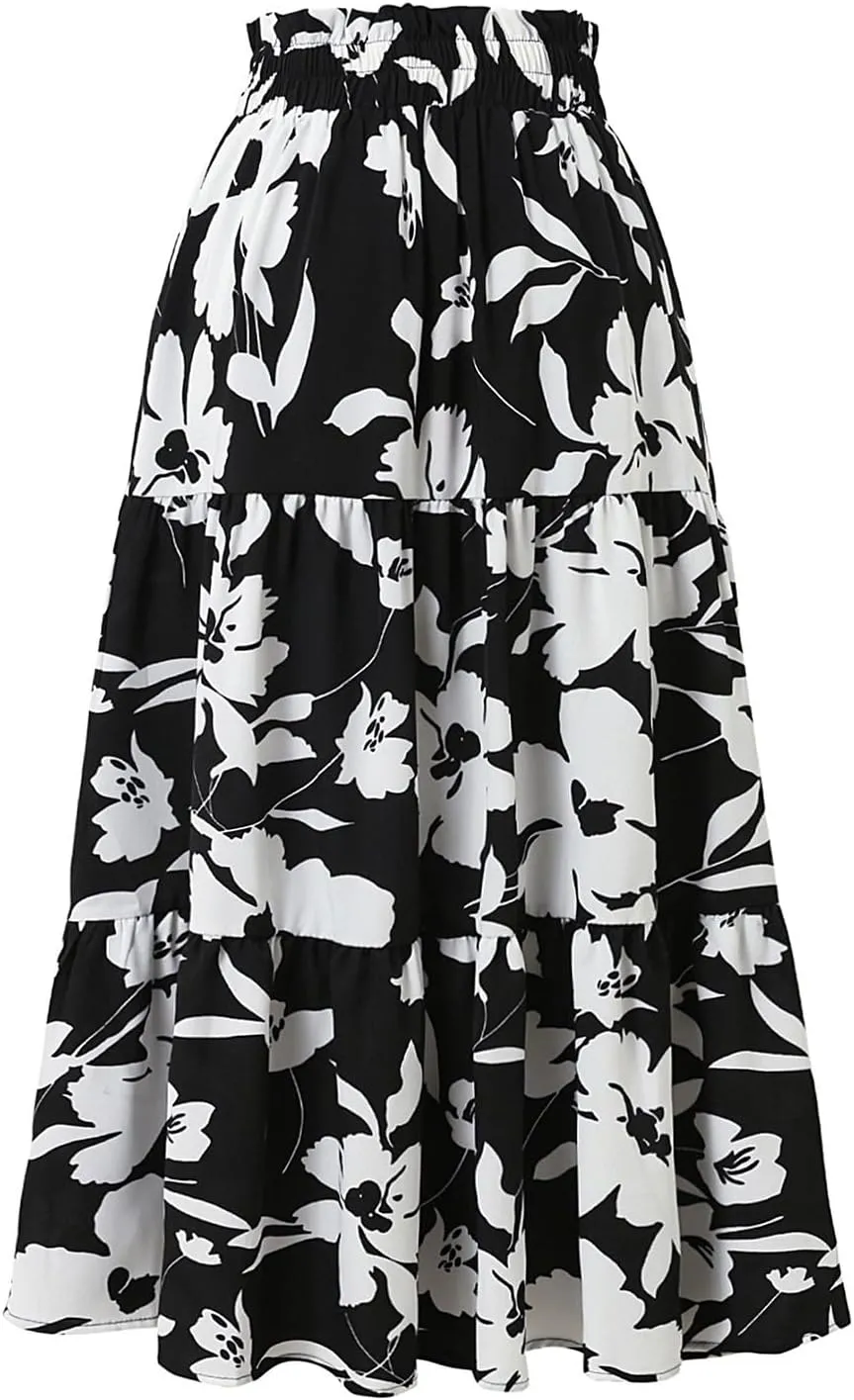 Floral Maxi Skirts for Women High Waisted Ankle Length Flared Skirt Drawstring Casual Boho Flowy A-Line Skirts