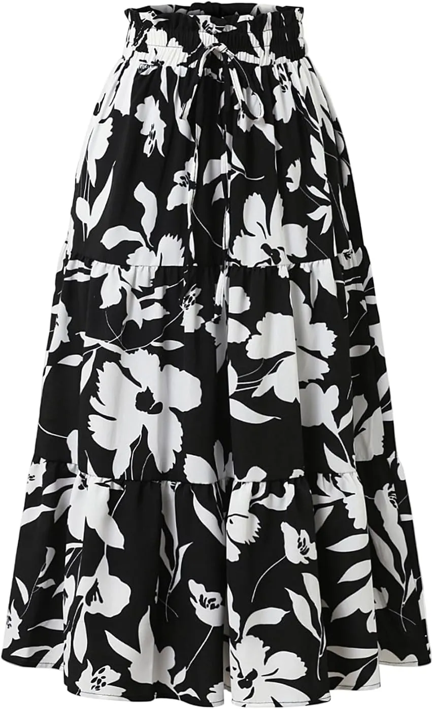 Floral Maxi Skirts for Women High Waisted Ankle Length Flared Skirt Drawstring Casual Boho Flowy A-Line Skirts