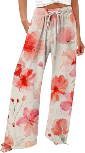 Flower Pants for Women Boho Floral Print Cotton Linen Pants Elastic Waisted Drawstring Summer Beach Baggy Trousers