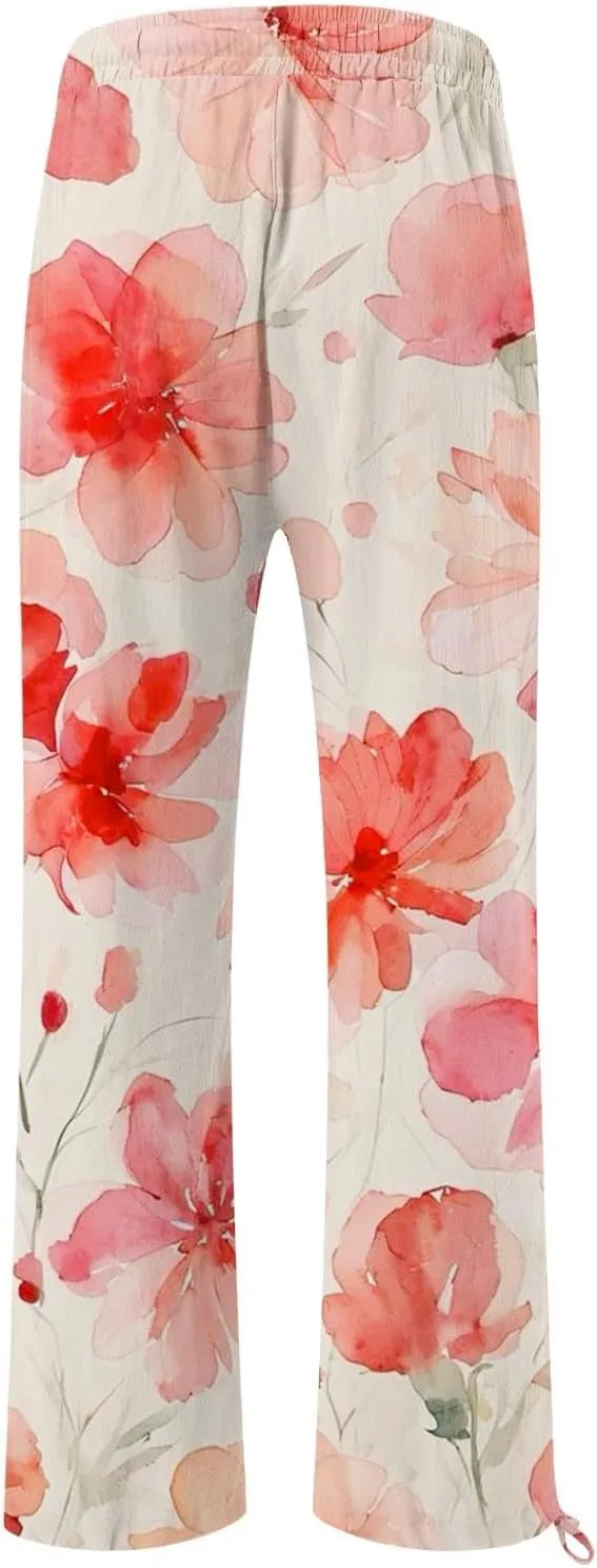 Flower Pants for Women Boho Floral Print Cotton Linen Pants Elastic Waisted Drawstring Summer Beach Baggy Trousers