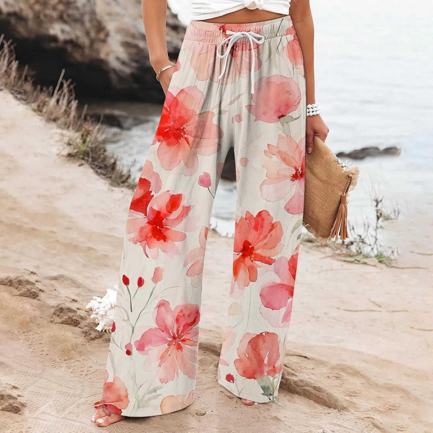 Flower Pants for Women Boho Floral Print Cotton Linen Pants Elastic Waisted Drawstring Summer Beach Baggy Trousers