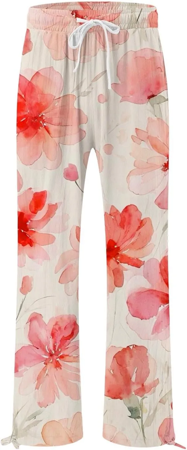 Flower Pants for Women Boho Floral Print Cotton Linen Pants Elastic Waisted Drawstring Summer Beach Baggy Trousers