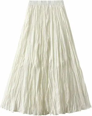 Flowy Pleated Long Maxi Skirts for Women Elastic High Waisted Vintage Summer Skirt Solid Color A Line Dress
