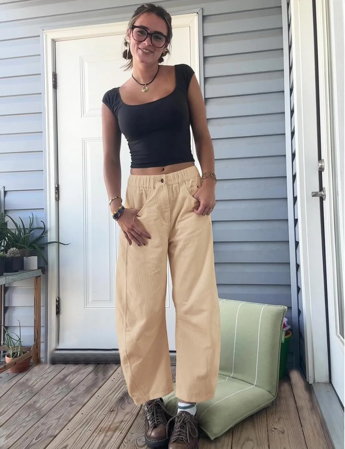 Flygo Womens Corduroy Pants Mid Rise Corduroy Barrel Pants Wide Leg Elastic Waist Cord Pants Casual Baggy Trousers