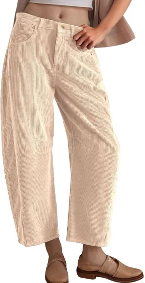 Flygo Womens Corduroy Pants Mid Rise Corduroy Barrel Pants Wide Leg Elastic Waist Cord Pants Casual Baggy Trousers
