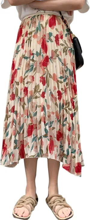 Flygo Women's High Waisted Boho Floral Print Pleated Chiffon Midi Skirt