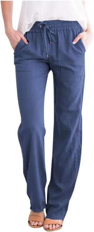 FZVYD Cotton Linen Women's Casual Pants Wide Leg Elastic Drawstring Low Waist Loose Comfy Baggy Long Trousers with Pockets