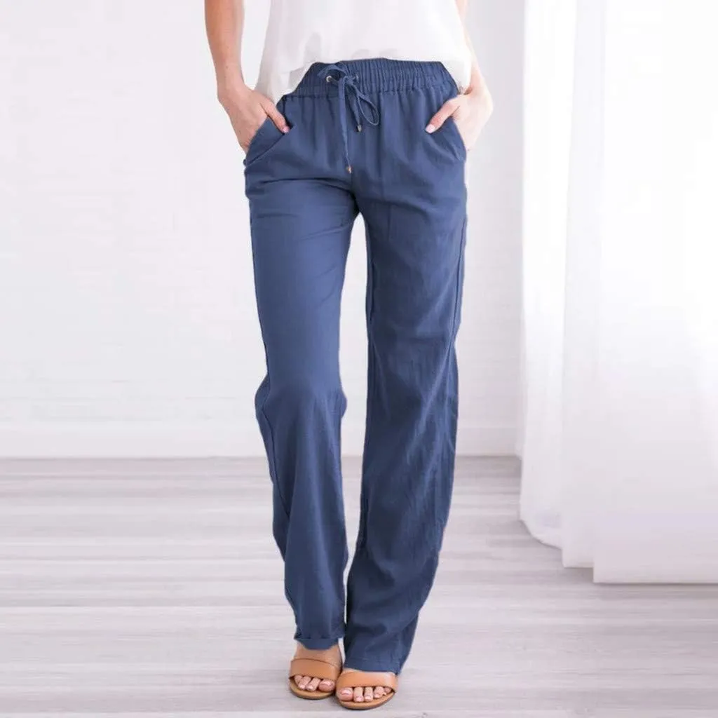 FZVYD Cotton Linen Women's Casual Pants Wide Leg Elastic Drawstring Low Waist Loose Comfy Baggy Long Trousers with Pockets