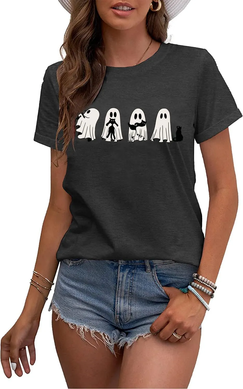 Ghost Halloween T-Shirt for Women Cute Ghost Cat Graphic Tee Spooky Season Shirt Vintage Short Sleeve Casual Fall Tops