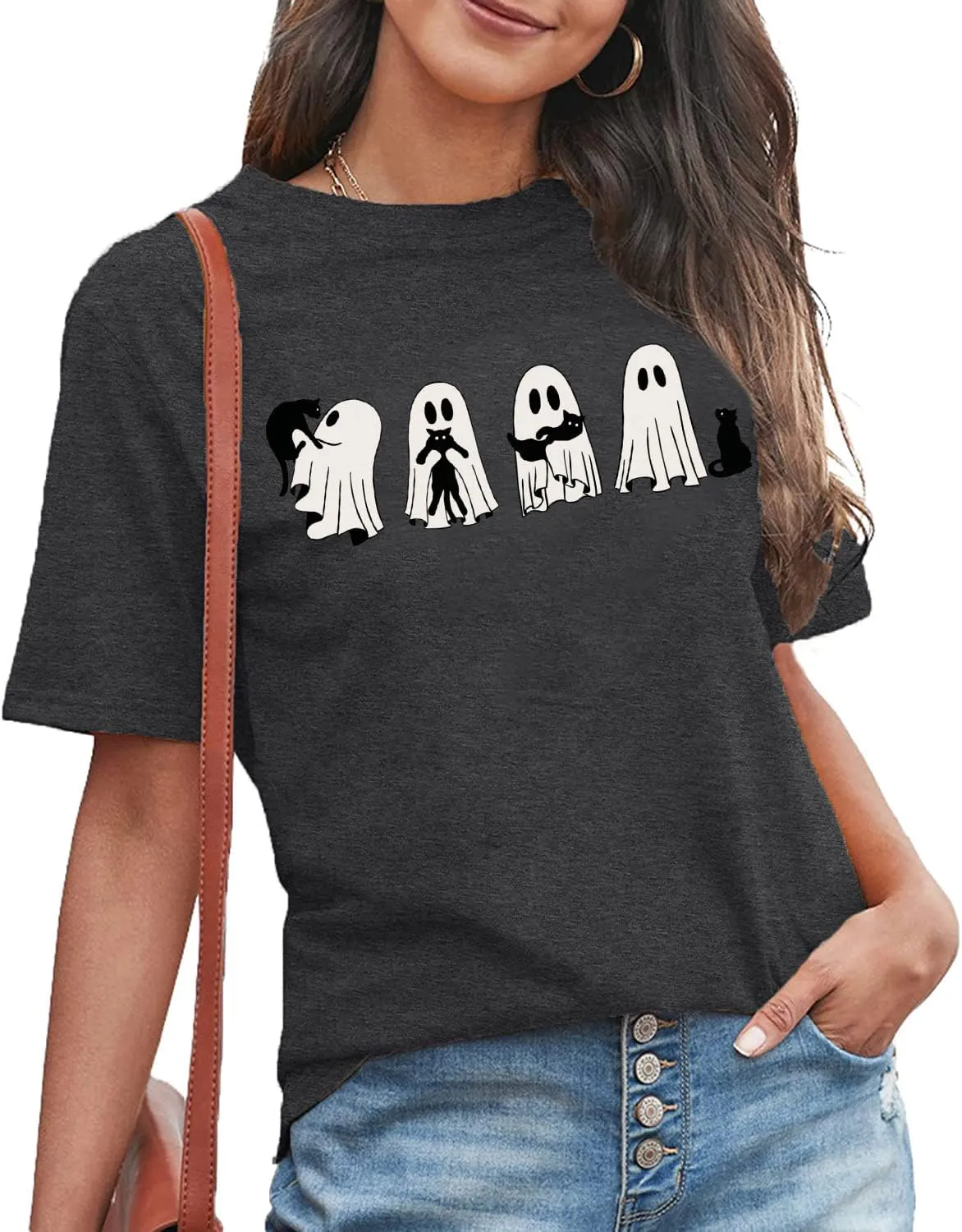 Ghost Halloween T-Shirt for Women Cute Ghost Cat Graphic Tee Spooky Season Shirt Vintage Short Sleeve Casual Fall Tops