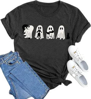 Ghost Halloween T-Shirt for Women Cute Ghost Cat Graphic Tee Spooky Season Shirt Vintage Short Sleeve Casual Fall Tops