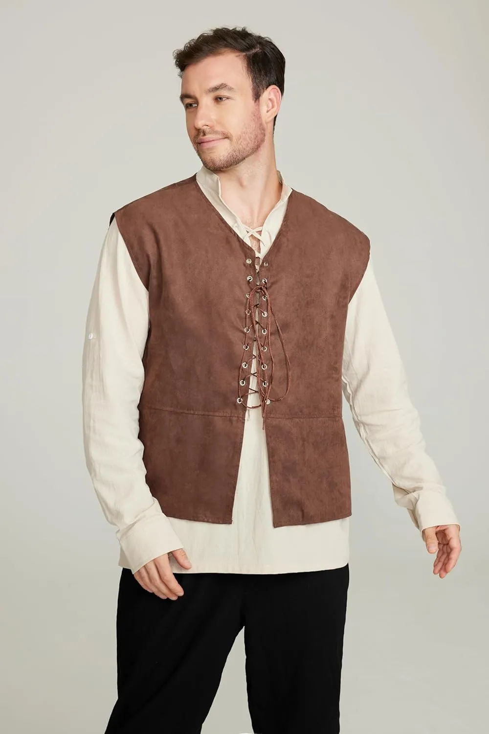 Gionforsy Men's Medieval Pirate Vest Long Sleeve Shirt Medieval Renaissance Costume lace up Vest Gothic Shirt