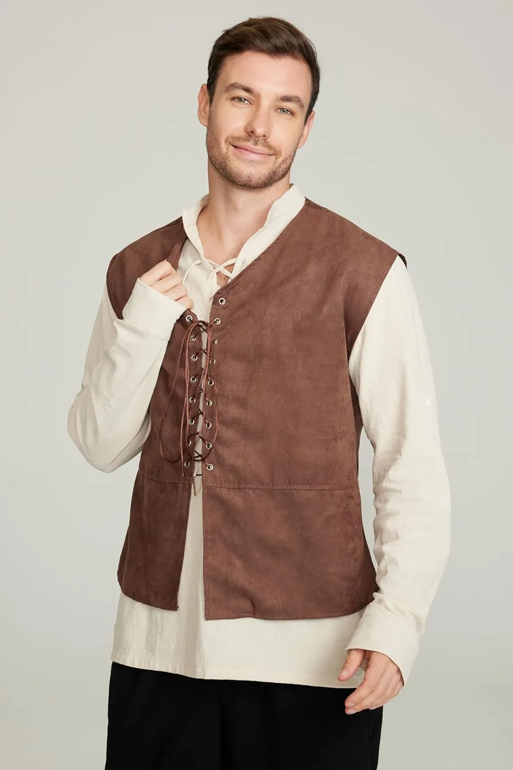 Gionforsy Men's Medieval Pirate Vest Long Sleeve Shirt Medieval Renaissance Costume lace up Vest Gothic Shirt