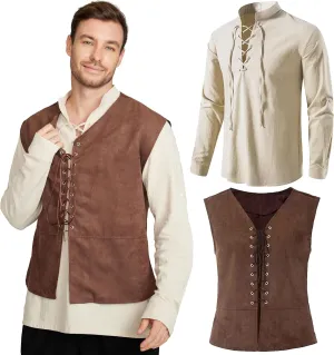 Gionforsy Men's Medieval Pirate Vest Long Sleeve Shirt Medieval Renaissance Costume lace up Vest Gothic Shirt