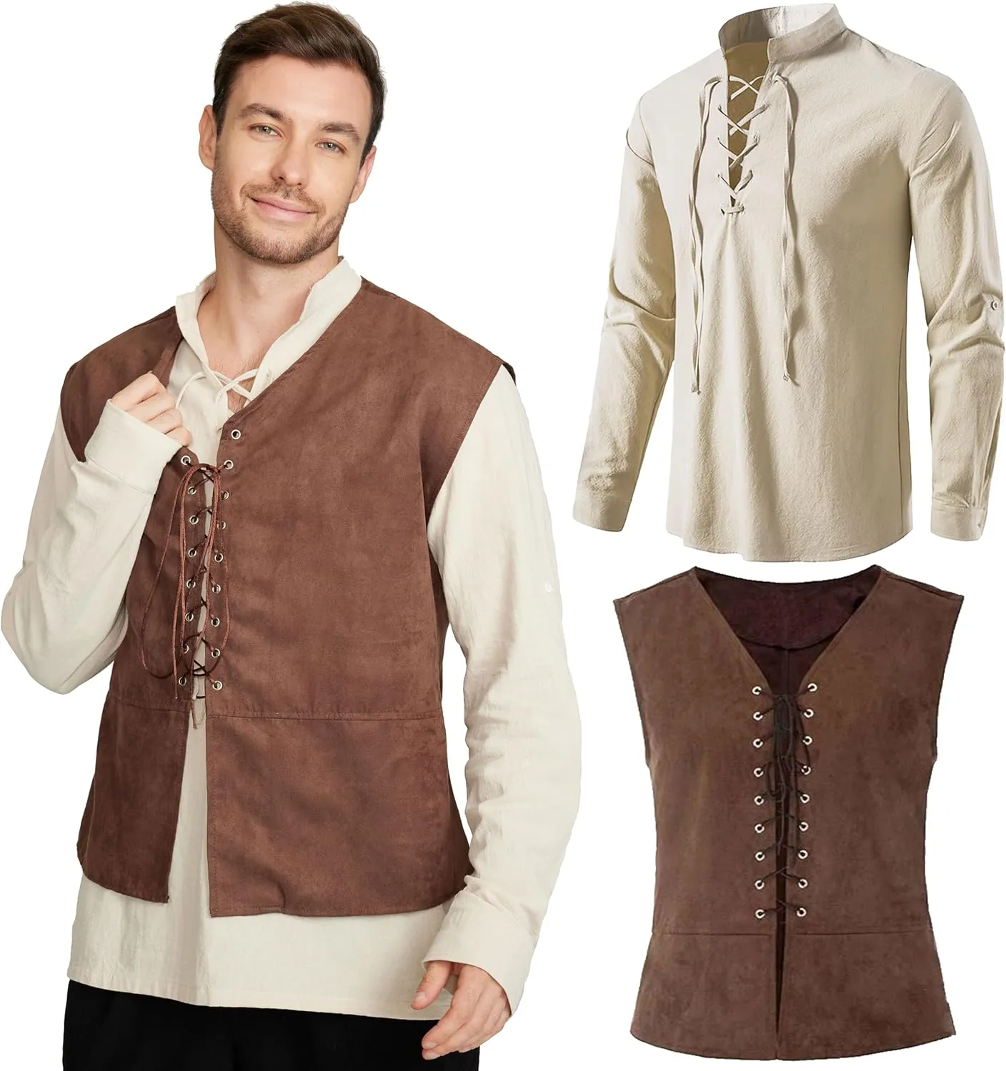 Gionforsy Men's Medieval Pirate Vest Long Sleeve Shirt Medieval Renaissance Costume lace up Vest Gothic Shirt