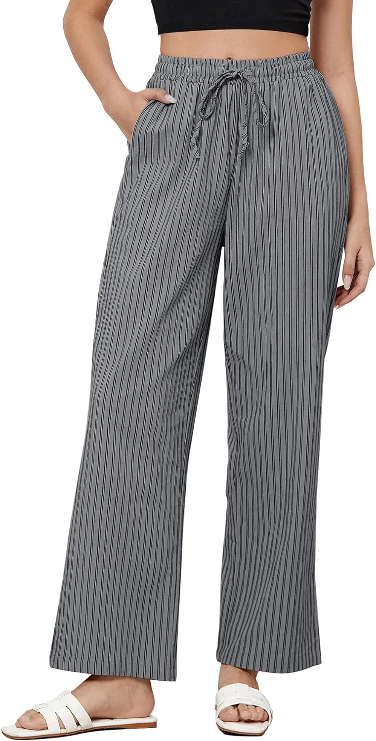 GRAPENT Striped Pants for Women High Waisted Wide Leg Cotton Linen Trendy Beach Pull On Elastic Waist Casual Flowy Pants