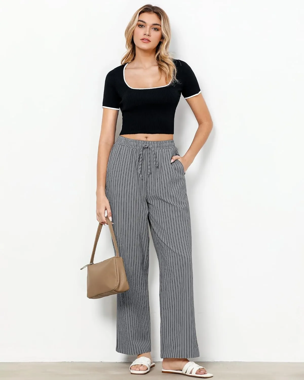 GRAPENT Striped Pants for Women High Waisted Wide Leg Cotton Linen Trendy Beach Pull On Elastic Waist Casual Flowy Pants
