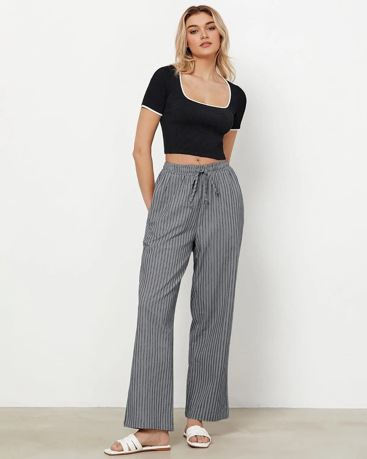 GRAPENT Striped Pants for Women High Waisted Wide Leg Cotton Linen Trendy Beach Pull On Elastic Waist Casual Flowy Pants