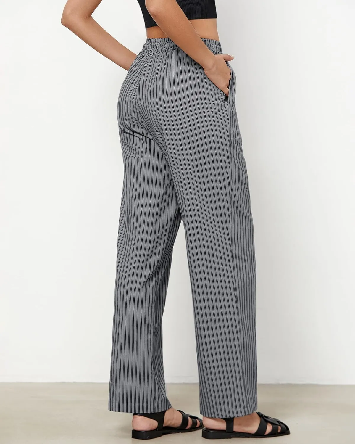 GRAPENT Striped Pants for Women High Waisted Wide Leg Cotton Linen Trendy Beach Pull On Elastic Waist Casual Flowy Pants