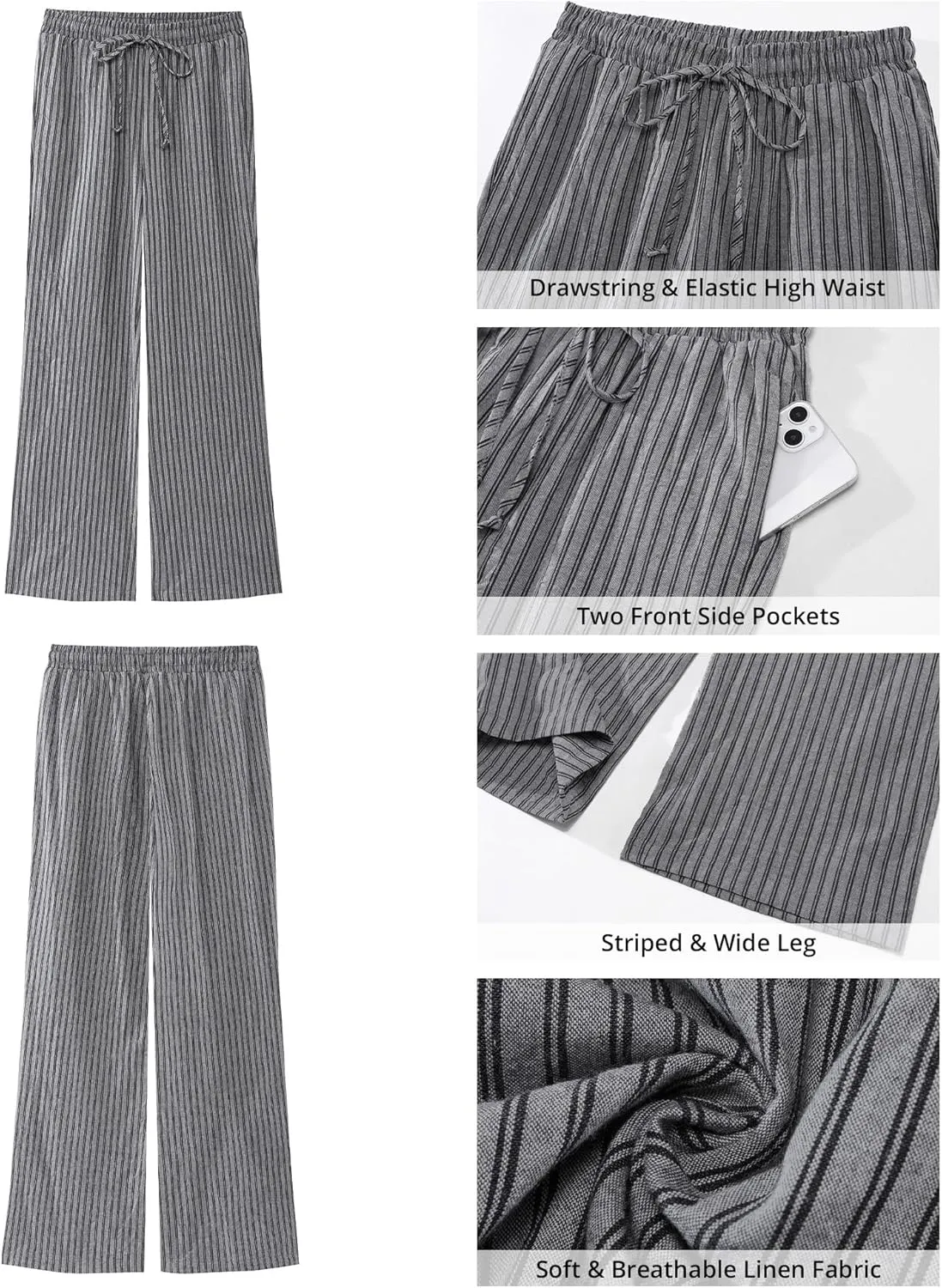 GRAPENT Striped Pants for Women High Waisted Wide Leg Cotton Linen Trendy Beach Pull On Elastic Waist Casual Flowy Pants