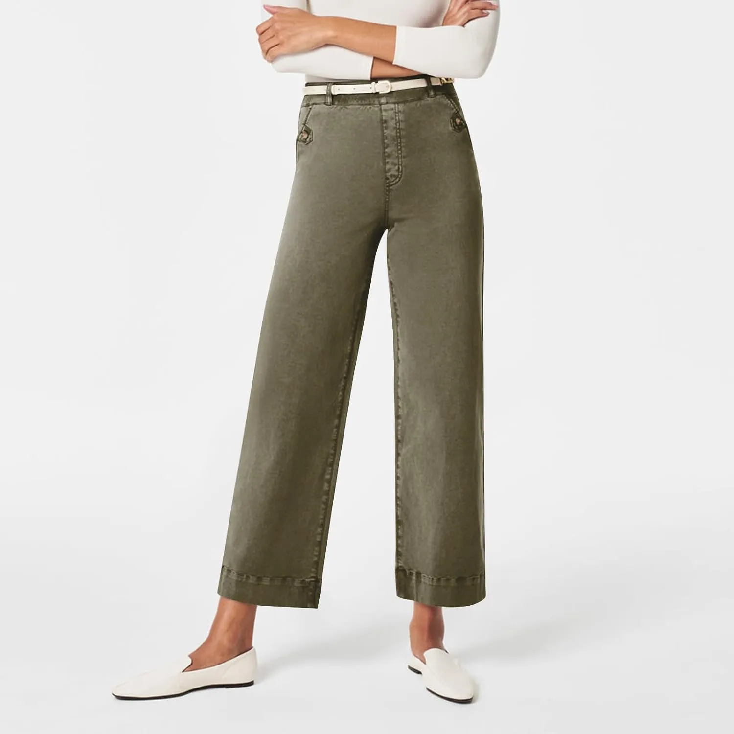 Gumipy Women Stretch Twill Cropped Wide Leg Pant High Waist Casual Capri Pants Straight Leg Chino Pants Dressy Ankle Jeans