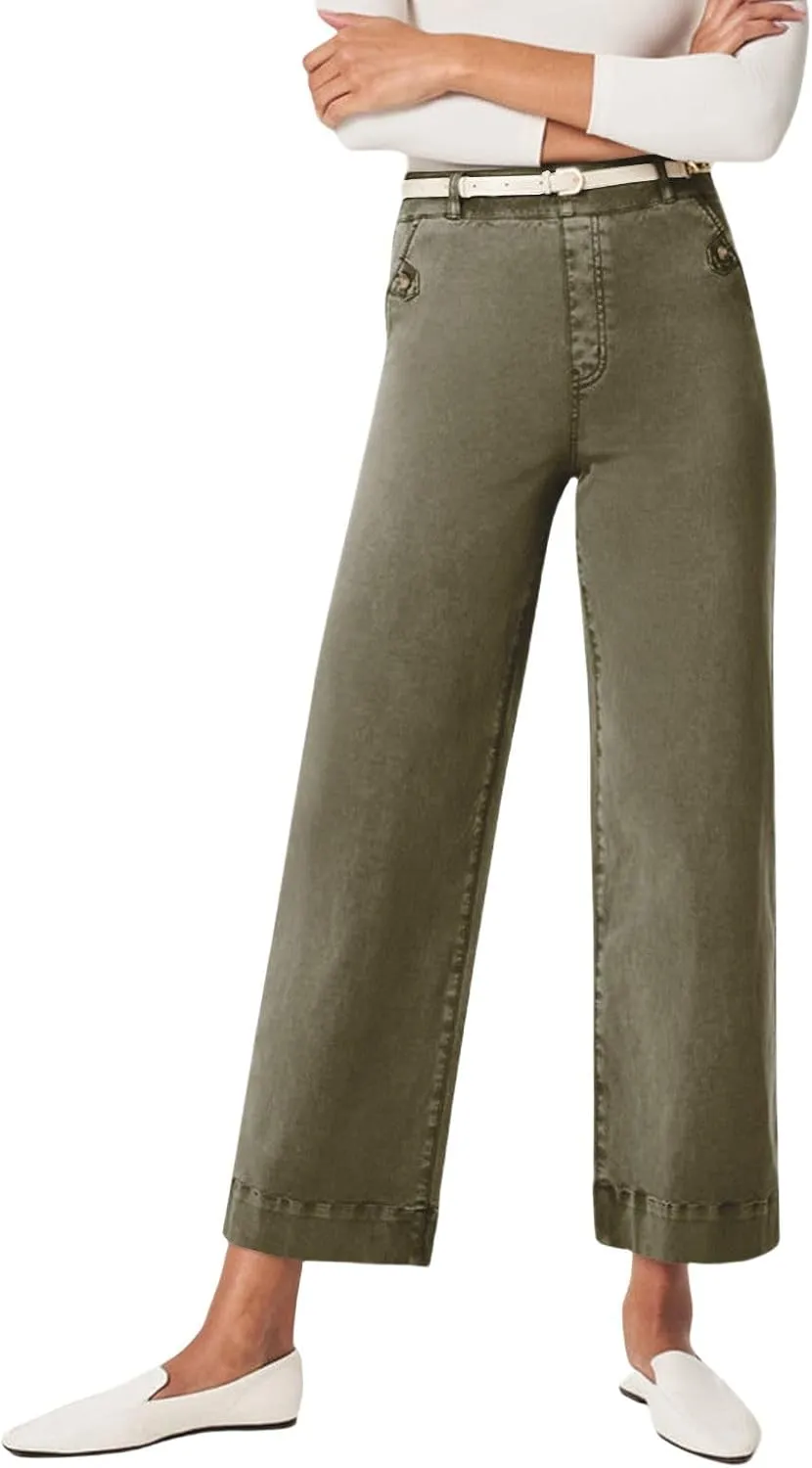 Gumipy Women Stretch Twill Cropped Wide Leg Pant High Waist Casual Capri Pants Straight Leg Chino Pants Dressy Ankle Jeans