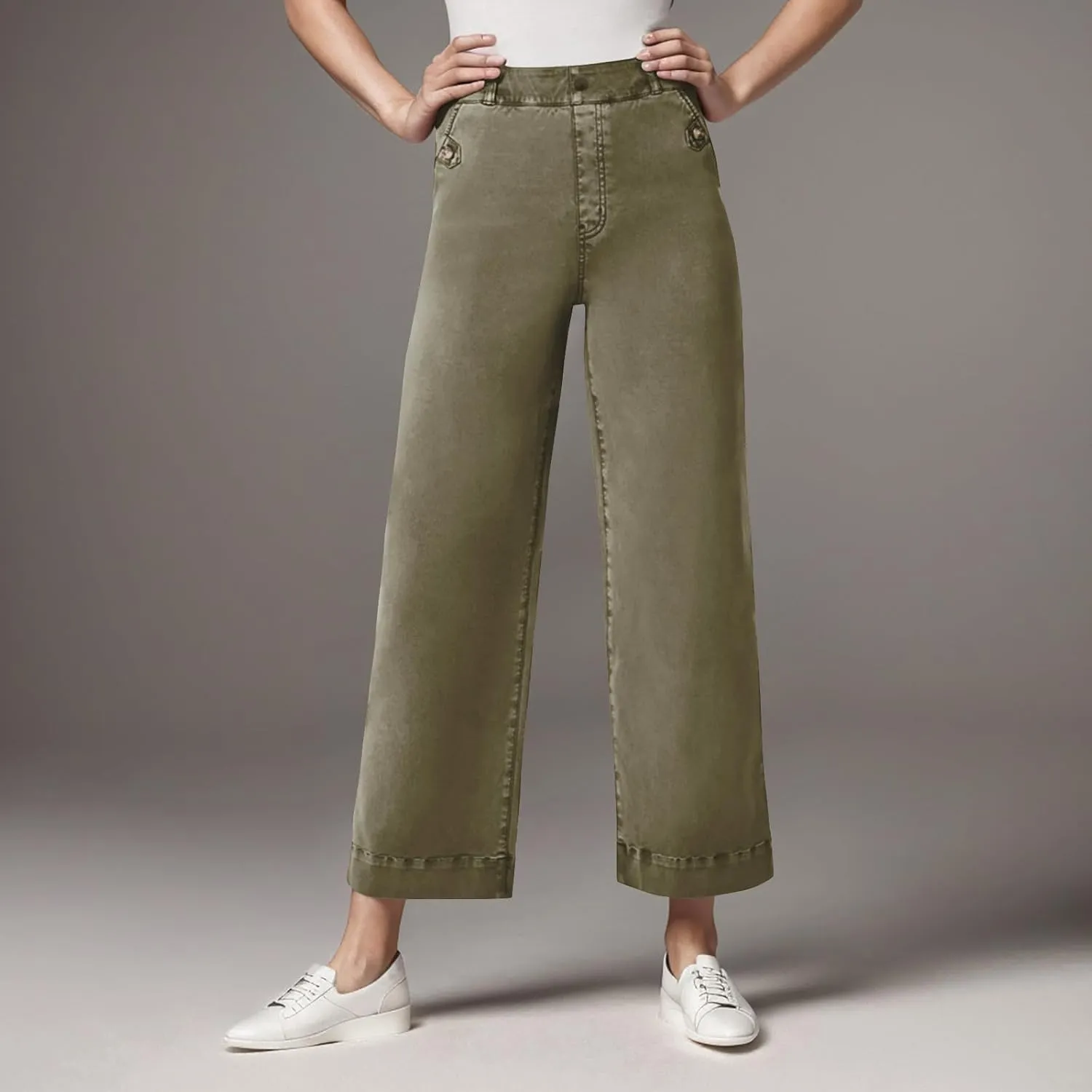 Gumipy Women Stretch Twill Cropped Wide Leg Pant High Waist Casual Capri Pants Straight Leg Chino Pants Dressy Ankle Jeans