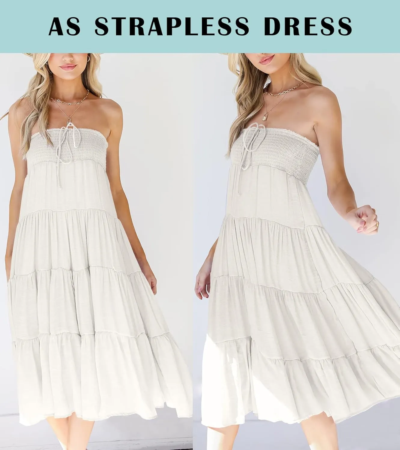 HAEOF Women's Summer Flowy Boho Maxi Skirt Trendy Smocked Waist Ruffle Tiered A Line Casual Beach Long Skirts Midi Dress