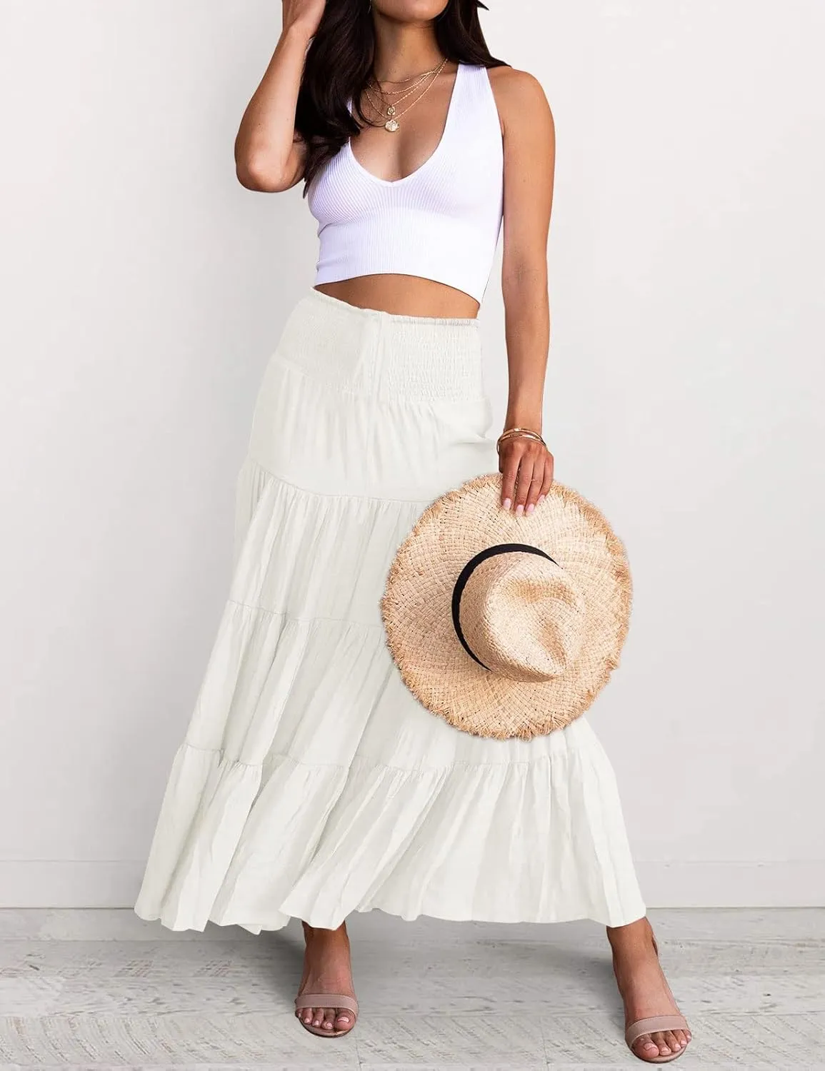 HAEOF Women's Summer Flowy Boho Maxi Skirt Trendy Smocked Waist Ruffle Tiered A Line Casual Beach Long Skirts Midi Dress