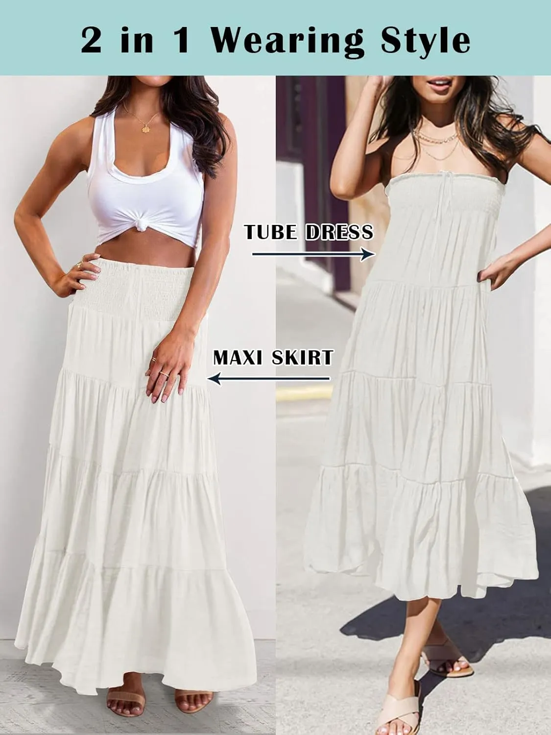HAEOF Women's Summer Flowy Boho Maxi Skirt Trendy Smocked Waist Ruffle Tiered A Line Casual Beach Long Skirts Midi Dress