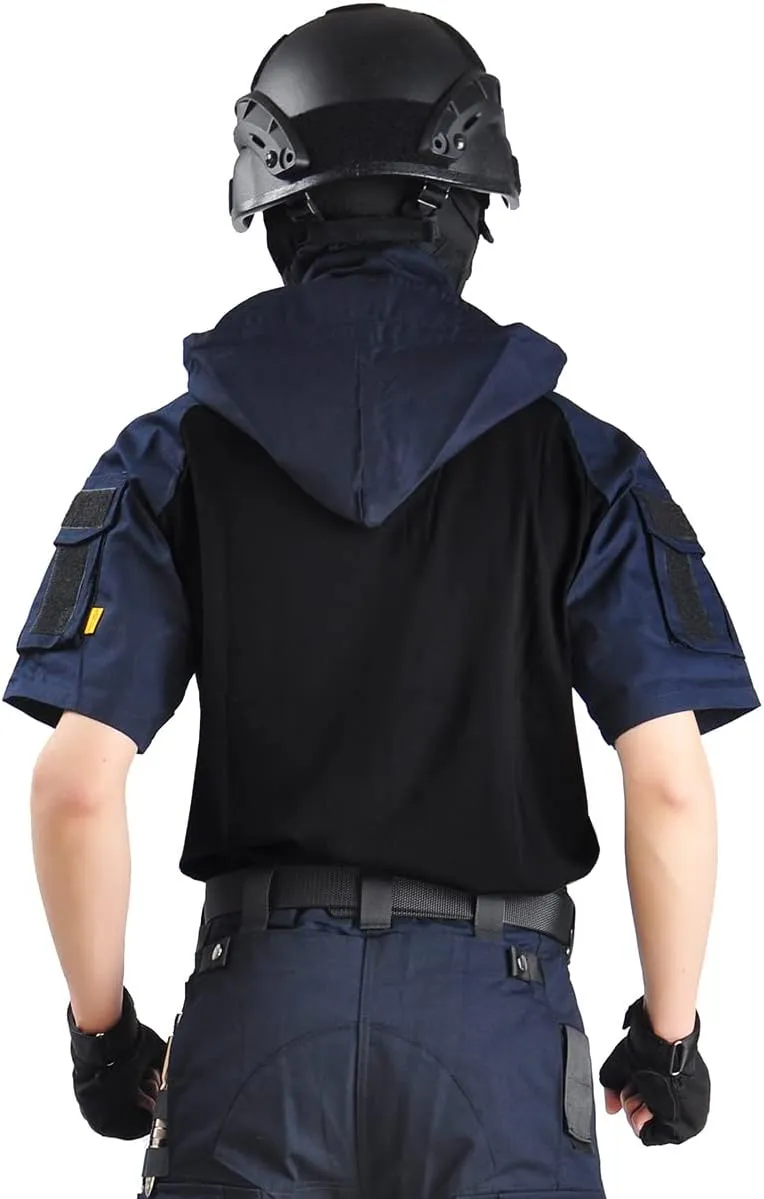 HANWILD Men's Combat Shirts Tactical Short Sleeve Shirt Cargo Military Airsoft T-Shirt with Hood Outdoor