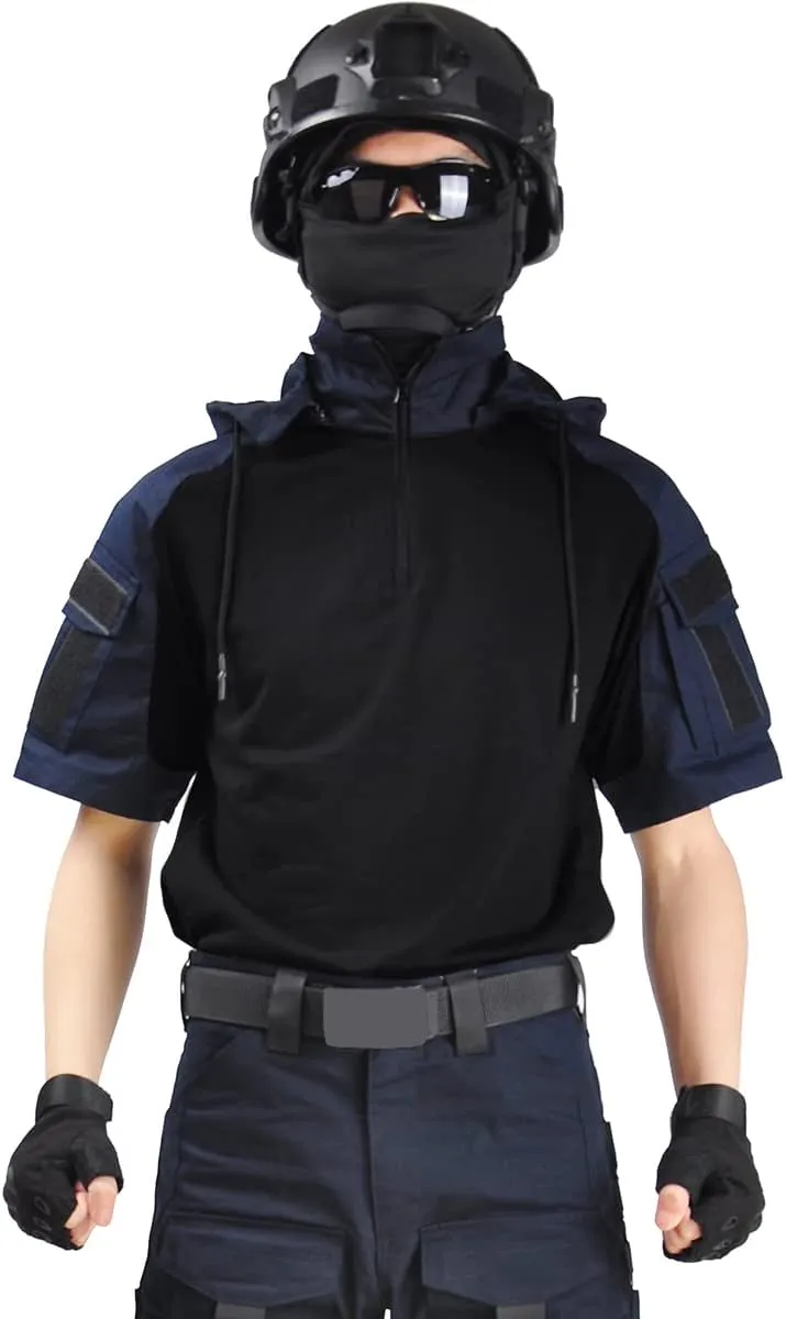 HANWILD Men's Combat Shirts Tactical Short Sleeve Shirt Cargo Military Airsoft T-Shirt with Hood Outdoor