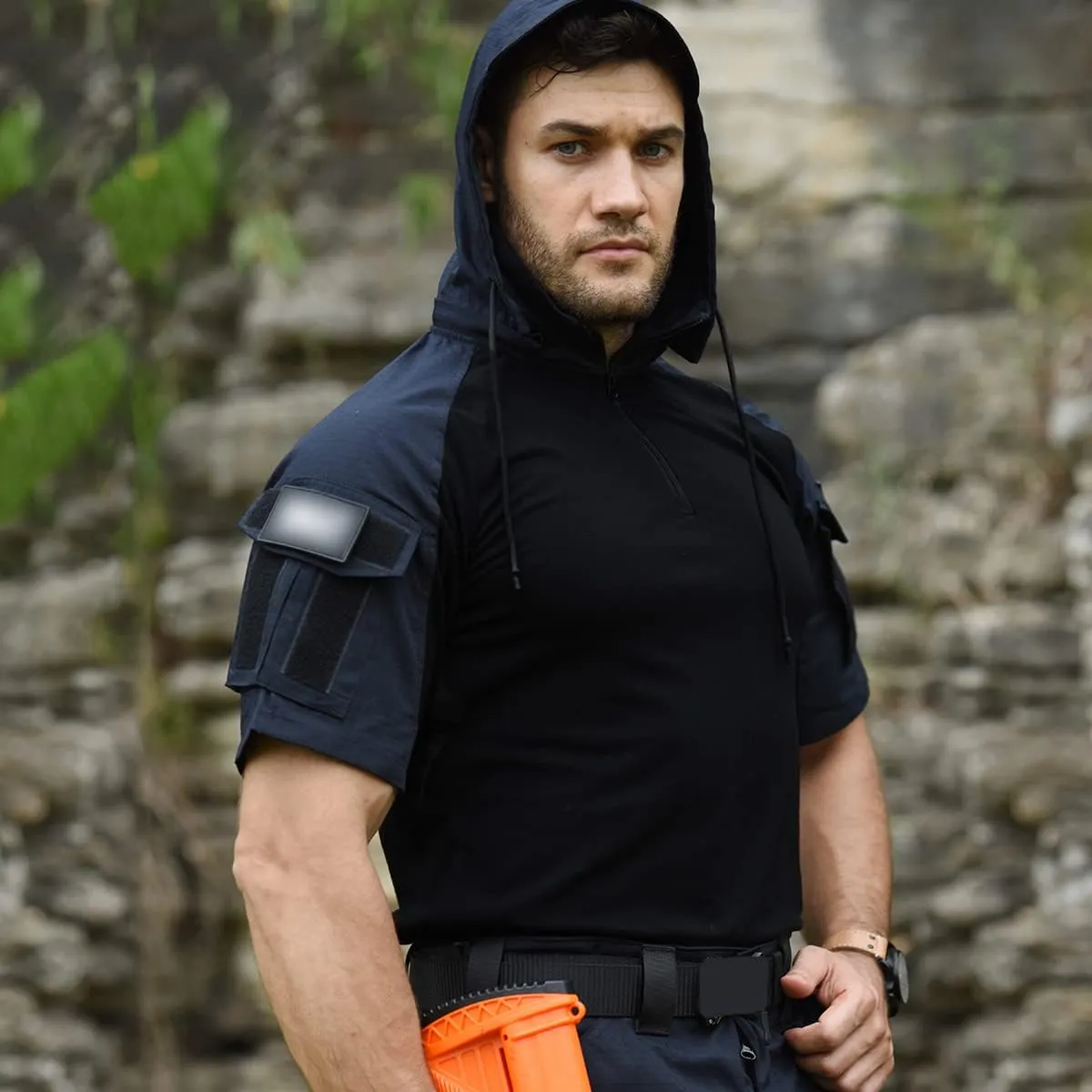 HANWILD Men's Combat Shirts Tactical Short Sleeve Shirt Cargo Military Airsoft T-Shirt with Hood Outdoor