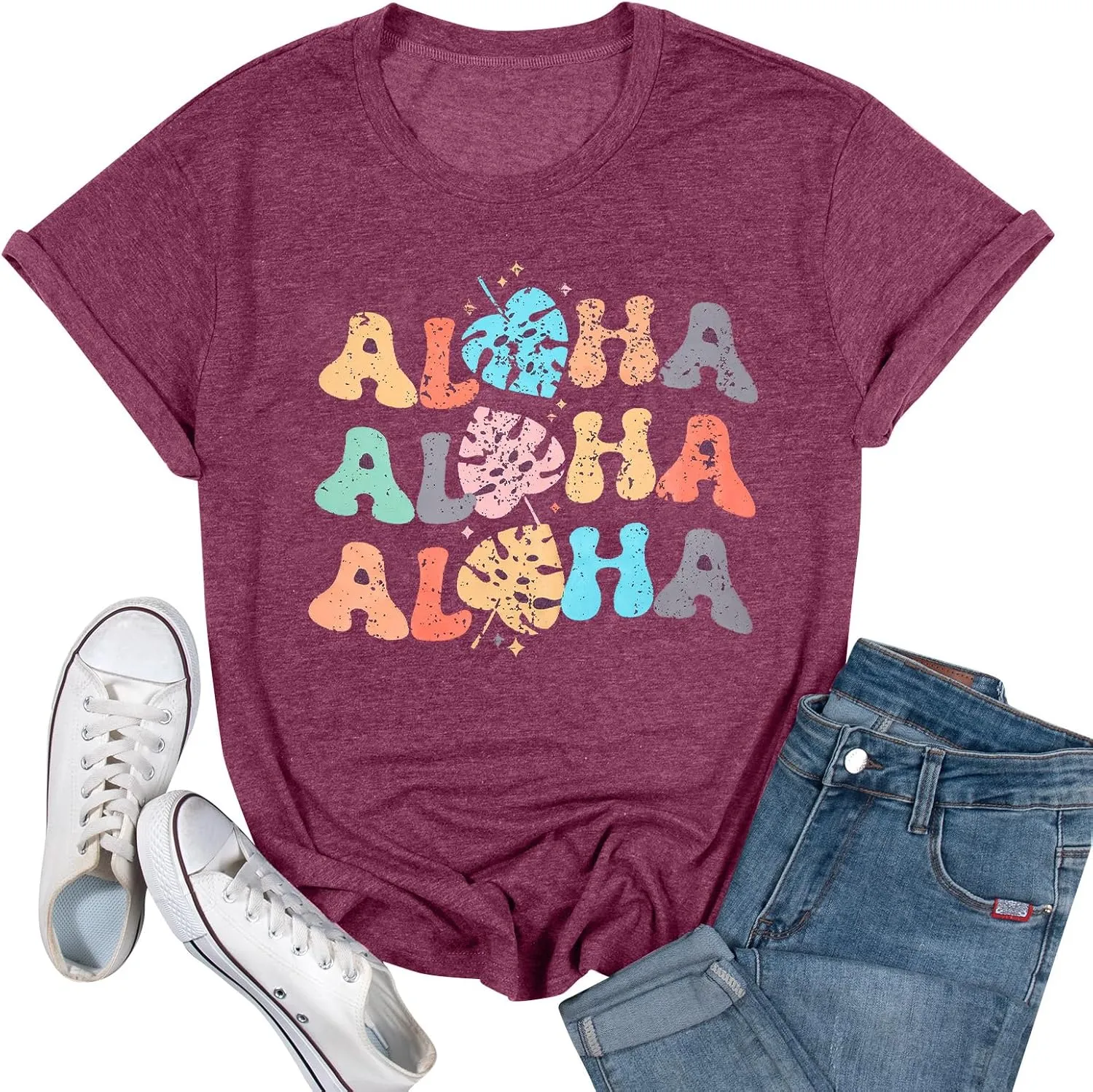 Hawaiian Shirts Women Aloha Graphic Beach T-Shirt Funny Leaves Print Short Sleeve Family Vacation Shirt