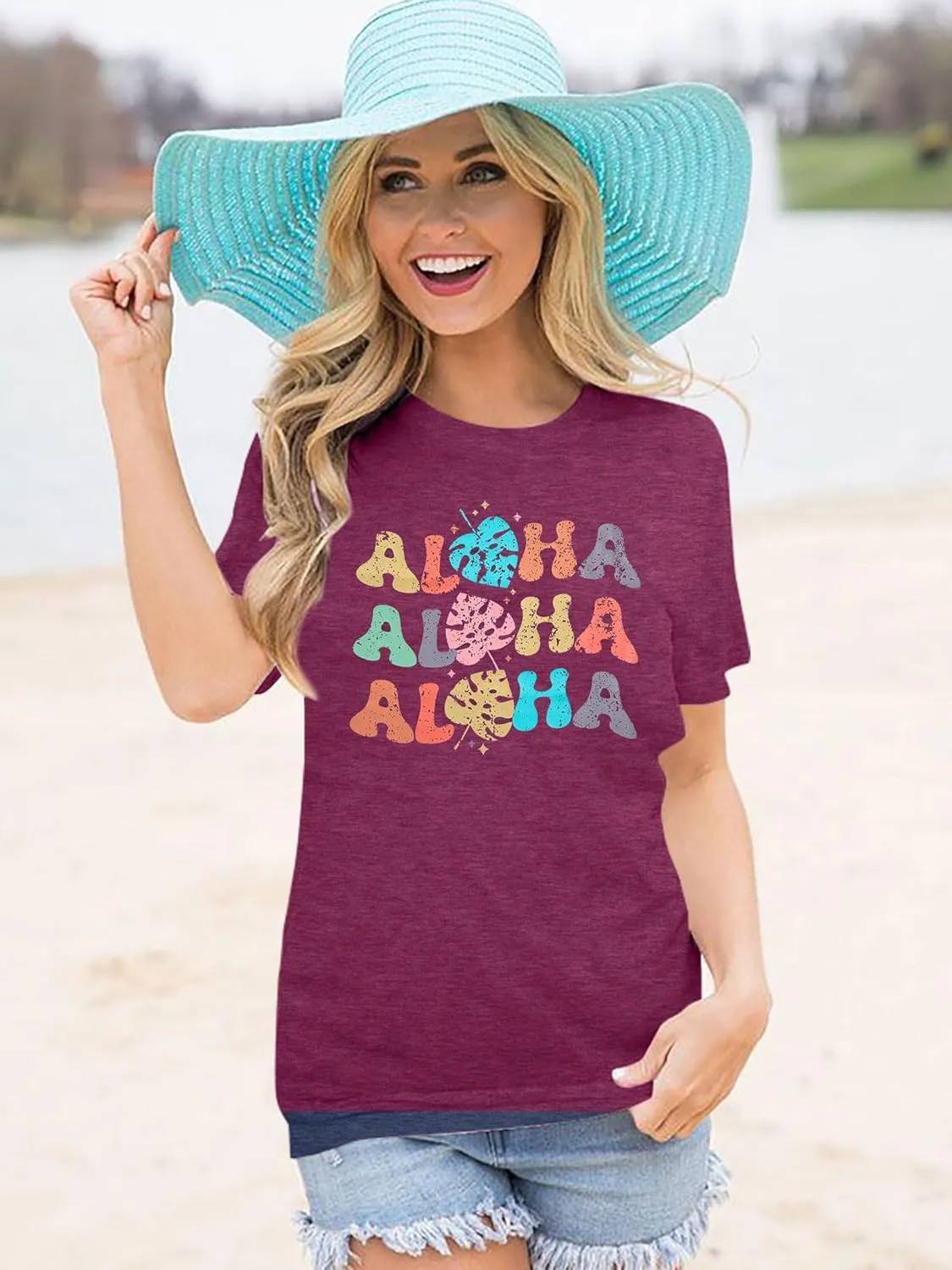 Hawaiian Shirts Women Aloha Graphic Beach T-Shirt Funny Leaves Print Short Sleeve Family Vacation Shirt