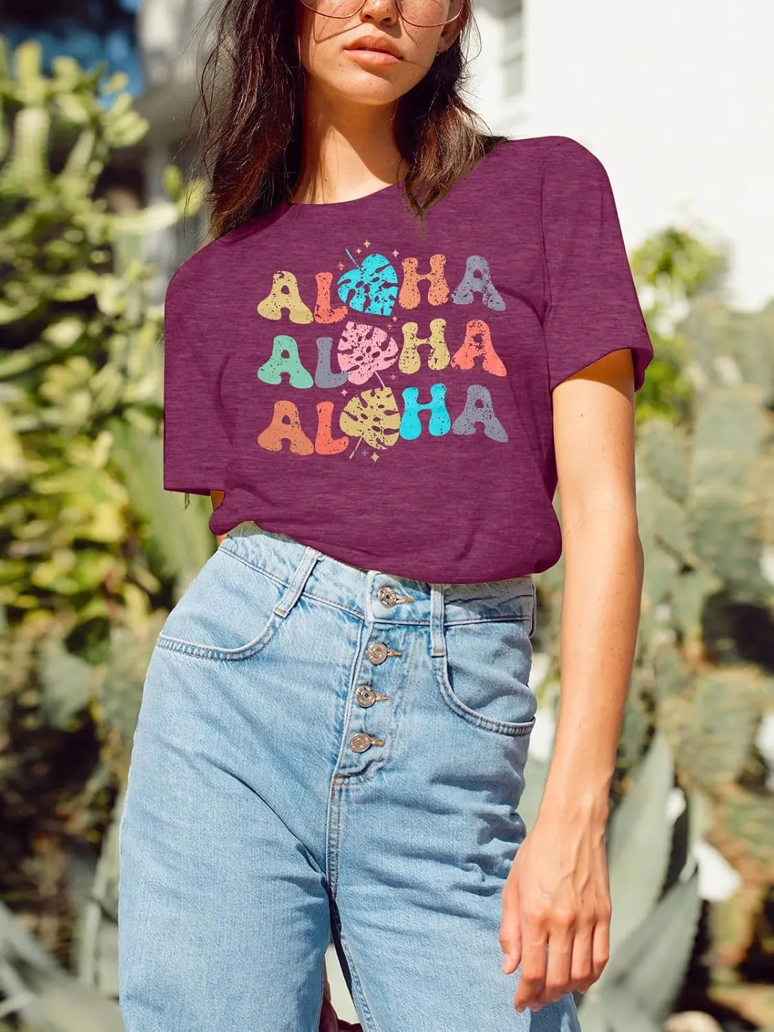 Hawaiian Shirts Women Aloha Graphic Beach T-Shirt Funny Leaves Print Short Sleeve Family Vacation Shirt