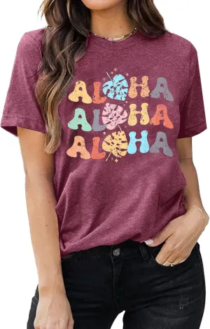 Hawaiian Shirts Women Aloha Graphic Beach T-Shirt Funny Leaves Print Short Sleeve Family Vacation Shirt