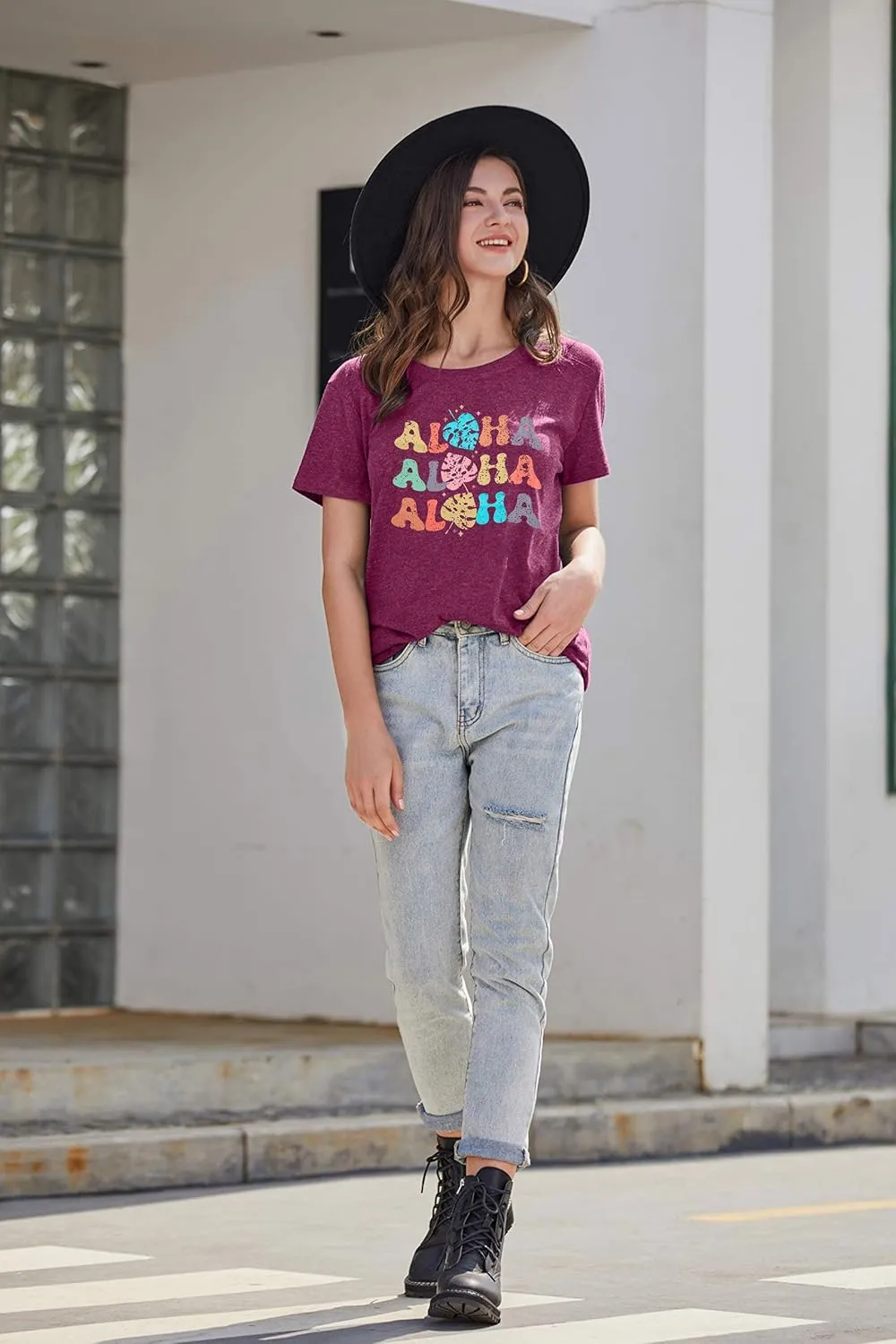 Hawaiian Shirts Women Aloha Graphic Beach T-Shirt Funny Leaves Print Short Sleeve Family Vacation Shirt