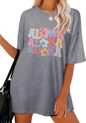 Hawaiian Shirts Women Oversized Aloha Shirt Flower Graphic Short Sleeve Family Vacation Beach T-Shirt Tops