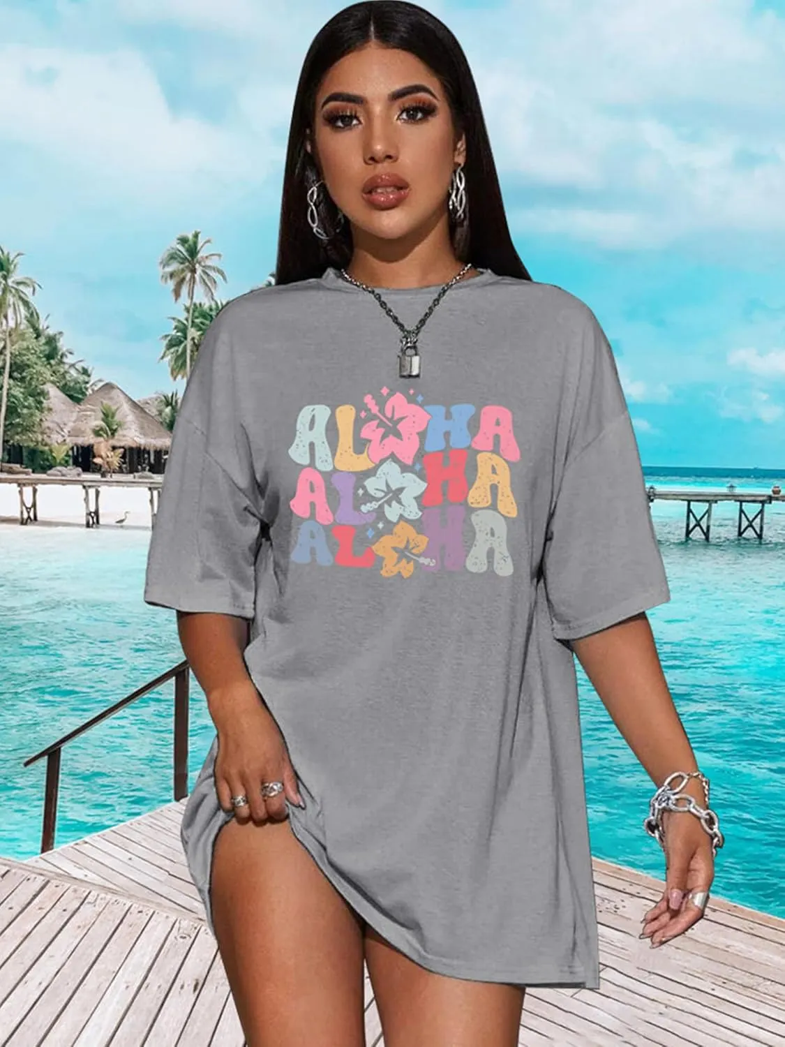 Hawaiian Shirts Women Oversized Aloha Shirt Flower Graphic Short Sleeve Family Vacation Beach T-Shirt Tops