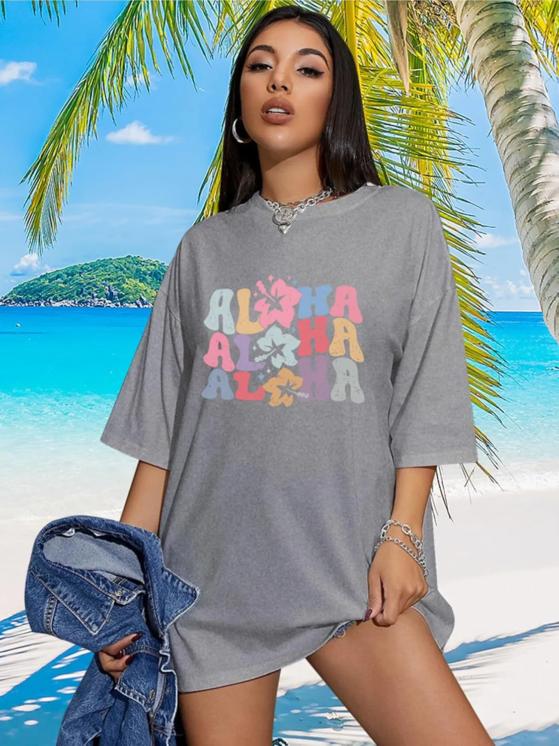 Hawaiian Shirts Women Oversized Aloha Shirt Flower Graphic Short Sleeve Family Vacation Beach T-Shirt Tops